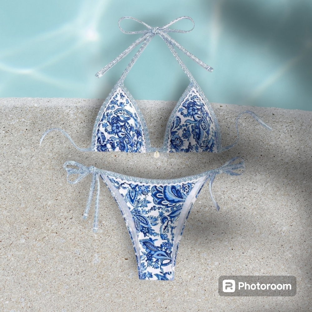 Blue Floral Paisley Print 2 Piece Bikin Set